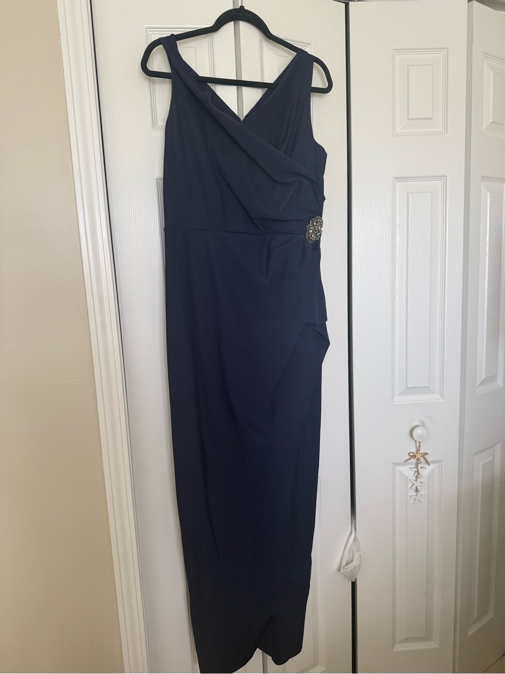 Alex Evenings Navy Sleeveless Draped Maxi Dress with Side Brooch